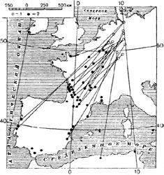 Рис. 68. Карта осеннего перелета певчего дрозда (на юго-запад)